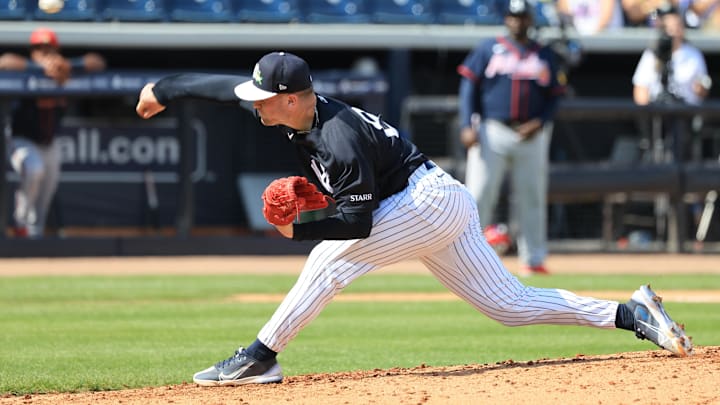 Feb 26, 2026; Tampa, Florida, USA;  New York Yankees pitcher Cade Winquest (80) throws a pitch during the fourth inning against the Atlanta Braves at George M. Steinbrenner Field. Mandatory Credit: Kim Klement Neitzel-Imagn Images