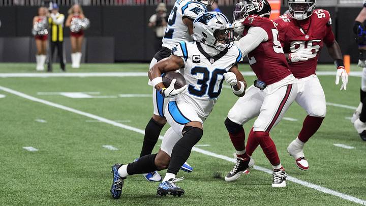 Carolina Panthers running back Chuba Hubbard (30) rushes during the second quarter against the Atlanta Falcons at Mercedes-Benz Stadium. Carolina Panthers running back Chuba Hubbard (30) rushes during the second quarter against the Atlanta Falcons at Mercedes-Benz Stadium.
