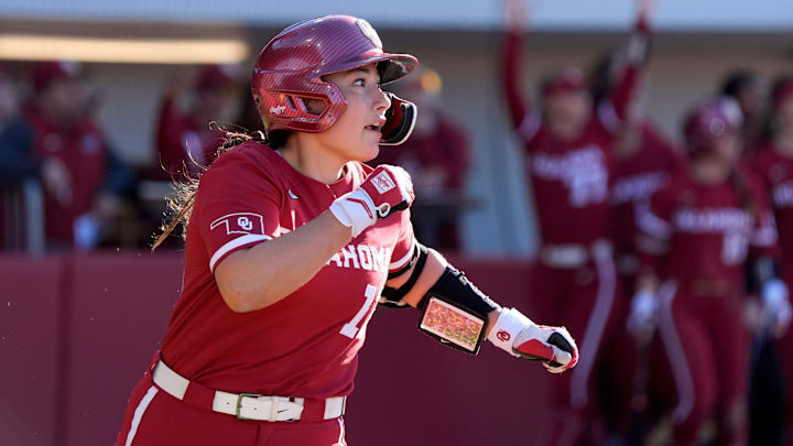 Oklahoma's Isabela Emerling runs the bases after after hitting a home run in the second inning of a college softball game between the University of Oklahoma (OU) and Wichita State at Love's Field in Norman, Okla., Sunday, Feb. 23, 2025.