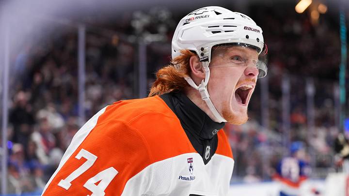 Apr 3, 2026; Elmont, New York, USA; Philadelphia Flyers forward Owen Tippett (74) celebrates a goal against the New York Islanders during the first period at UBS Arena. Apr 3, 2026; Elmont, New York, USA; Philadelphia Flyers forward Owen Tippett (74) celebrates a goal against the New York Islanders during the first period at UBS Arena.