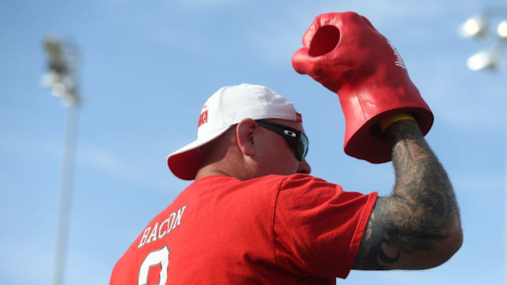 A Nebraska fan reacts during the Big Ten softball tournament on Friday, May 10, 2024, in Iowa City, Iowa.