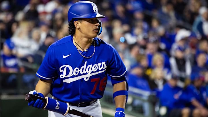 Mar 4, 2023; Surprise, Arizona, USA; Los Angeles Dodgers catcher Diego Cartaya against the Kansas