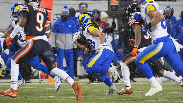 Jan 18, 2026; Chicago, IL, USA; Los Angeles Rams wide receiver Jordan Whittington (88) runs after the catch against the Chicago Bears during the first quarter of an  NFC Divisional Round game at Soldier Field. Mandatory Credit: David Banks-Imagn Images