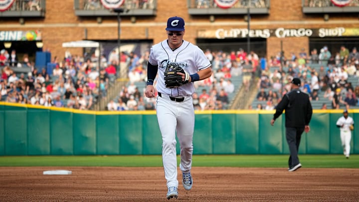Columbus Clippers Travis Bazzana (12) jogs to the dugout during the home opener against the Indianapolis Indians at Huntington Park on Tuesday, March 31, 2026 in Columbus, Ohio.