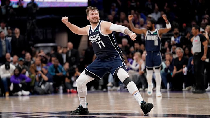 Mar 29, 2024; Sacramento, California, USA; Dallas Mavericks guard Luka Doncic (77) celebrates after