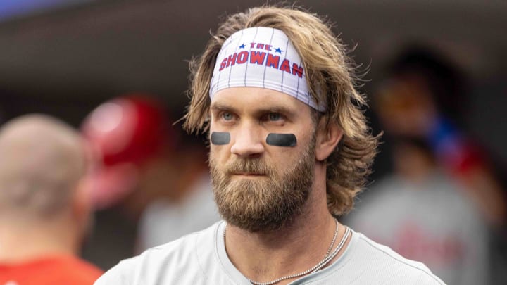 Jun 25, 2024; Detroit, Michigan, USA; Philadelphia Phillies first base Bryce Harper (3) in the dugout before the game against the Detroit Tigers at Comerica Park.