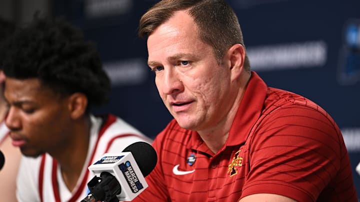 Mar 20, 2026; St. Louis, MO, USA; Iowa State Cyclones head coach T.J. Otzelberger addresses the media after a first round game of the men's 2026 NCAA Tournament against the Tennessee State Tigers at Enterprise Center. Mandatory Credit: Jeff Le-Imagn Images Mar 20, 2026; St. Louis, MO, USA; Iowa State Cyclones head coach T.J. Otzelberger addresses the media after a first round game of the men's 2026 NCAA Tournament against the Tennessee State Tigers at Enterprise Center. Mandatory Credit: Jeff Le-Imagn Images