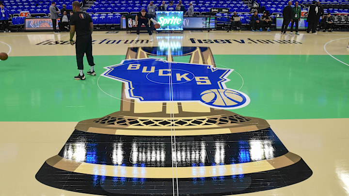 Nov 3, 2023; Milwaukee, Wisconsin, USA; Logo for the NBA In-Season Tournament for game between the Milwaukee Bucks and New York Knicks at Fiserv Forum. Mandatory Credit: Benny Sieu-Imagn Images