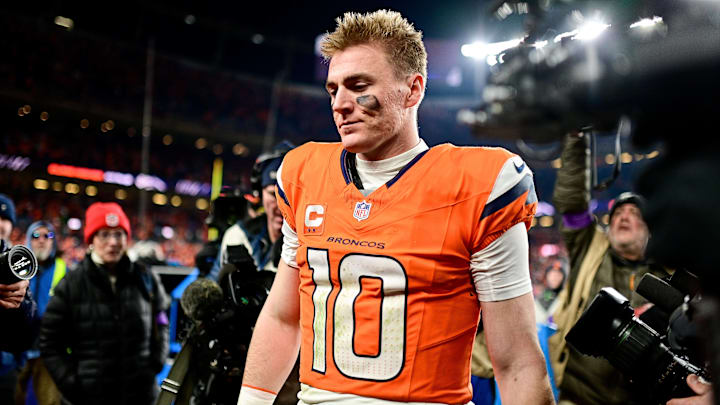 DENVER, CO - JANUARY 17: Denver Broncos quarterback Bo Nix (10) walks off the field after the AFC Divisional Round game against the Buffalo Bills at Empower Field at Mile High on January 17, 2026 in Denver, Colorado.
