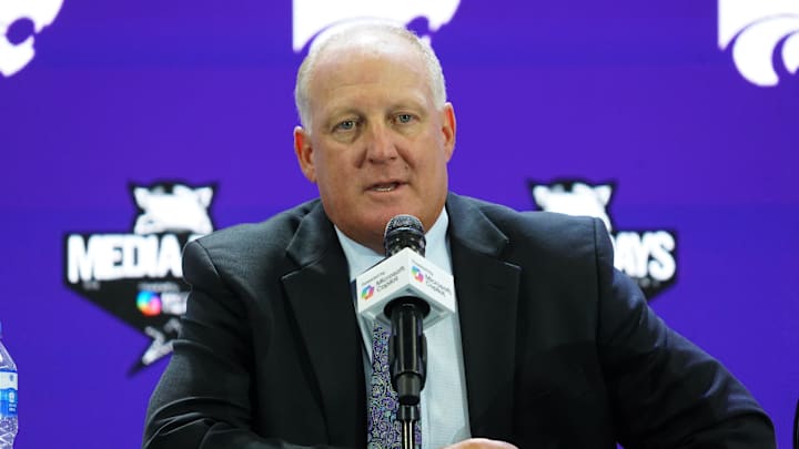 Jul 8, 2025; Frisco, TX, USA; Kansas State head coach Chris Klieman addresses the media during 2025 Big 12 Football Media Days at The Star. Mandatory Credit: Raymond Carlin III-Imagn Images