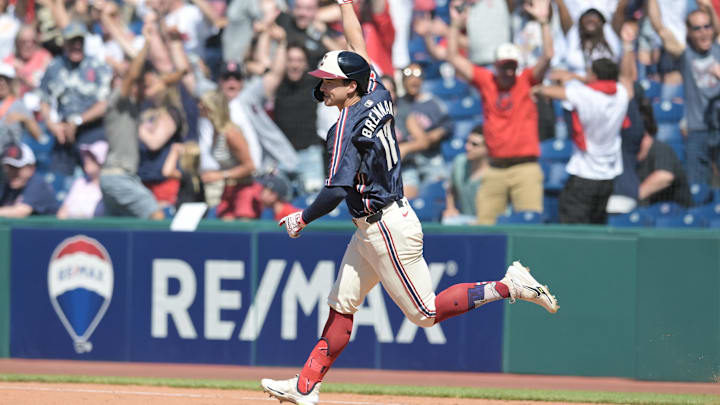 May 19, 2024; Cleveland, Ohio, USA; Cleveland Guardians left fielder Will Brennan (17) celebrates after hitting a walk off three run home run during the ninth inning against the Minnesota Twins at Progressive Field. Mandatory Credit: Ken Blaze-Imagn Images May 19, 2024; Cleveland, Ohio, USA; Cleveland Guardians left fielder Will Brennan (17) celebrates after hitting a walk off three run home run during the ninth inning against the Minnesota Twins at Progressive Field. Mandatory Credit: Ken Blaze-Imagn Images
