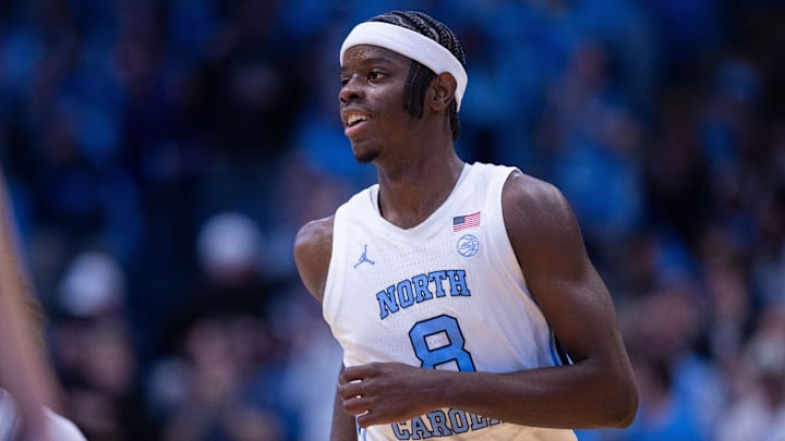 Dec 22, 2025; Chapel Hill, North Carolina, USA; North Carolina Tar Heels forward Caleb Wilson (8) runs back against the East Carolina Pirates during the first half at Dean E. Smith Center. Mandatory Credit: Scott Kinser-Imagn Images