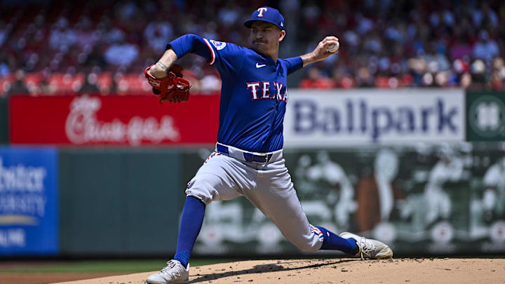 Jul 31, 2024; St. Louis, Missouri, USA;  Texas Rangers starting pitcher Andrew Heaney (44) pitches against the St. Louis Cardinals during the first inning at Busch Stadium. Mandatory Credit: Jeff Curry-Imagn Images