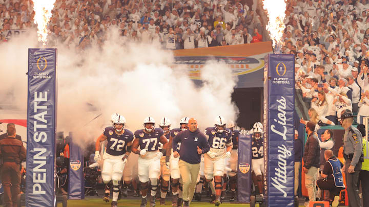 Penn State Nittany Lions head coach James Franklin leads the team onto the field for the Orange Bowl vs. the Notre Dame Fighting Irish. Penn State Nittany Lions head coach James Franklin leads the team onto the field for the Orange Bowl vs. the Notre Dame Fighting Irish.