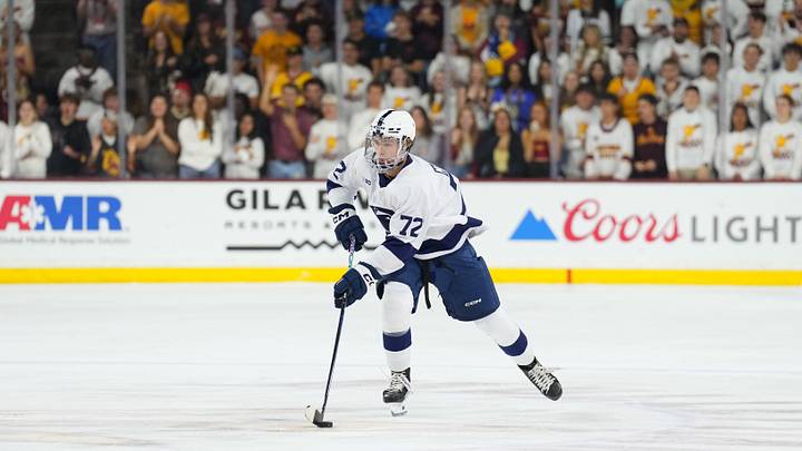 Oct 3, 2025; Tempe, AZ, USA; Penn State Gavin McKenna (72) in action against the Arizona State during the first period at Mullett Arena. Mandatory Credit: Joe Camporeale-Imagn Images Oct 3, 2025; Tempe, AZ, USA; Penn State Gavin McKenna (72) in action against the Arizona State during the first period at Mullett Arena. Mandatory Credit: Joe Camporeale-Imagn Images