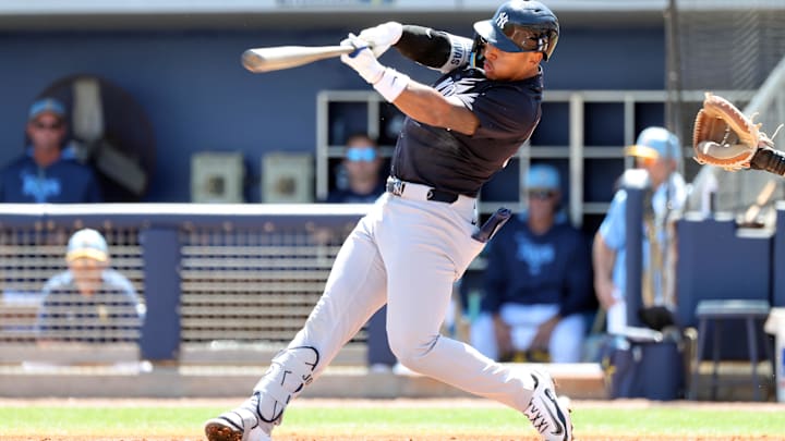 New York Yankees second baseman Jorbit Vivas (90) singles during the second inning against the Tampa Bay Rays  at Charlotte Sports Park  in Port Charlotte, Fla., on March 15, 2025.