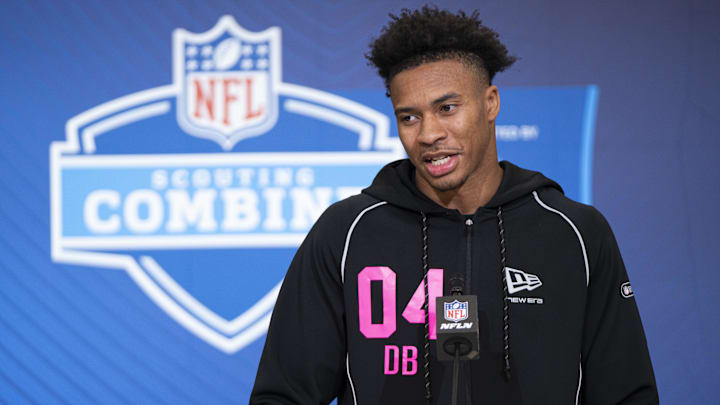 Feb 26, 2026; Indianapolis, IN, USA; South Carolina defensive back Brandon Cisse (DB04) speaks to members of the media during the NFL Combine at the Indiana Convention Center. Mandatory Credit: Jacob Musselman-Imagn Images