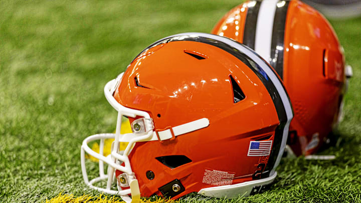 Sep 28, 2025; Detroit, Michigan, USA; A general view of the Cleveland Browns helmets on the field before the game against the Detroit Lions at Ford Field. Mandatory Credit: David Reginek-Imagn Images