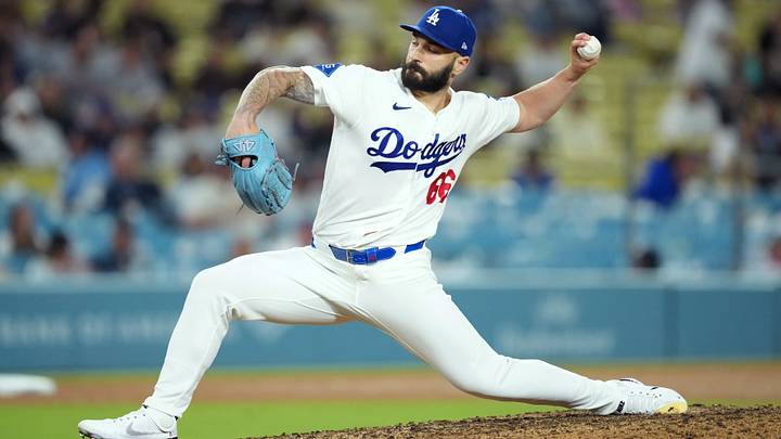 May 14, 2026; Los Angeles, California, USA; Los Angeles Dodgers pitcher Tanner Scott (66) pitches against the San Francisco Giants in the ninth inning at Dodger Stadium. Mandatory Credit: Kirby Lee-Imagn Images
