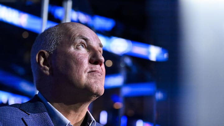 Nov 29, 2025; St. Louis, Missouri, USA; St. Louis Blues general manager Doug Armstrong looks on before a game against the Utah Mammoth at Enterprise Center. Mandatory Credit: Jeff Curry-Imagn Images Nov 29, 2025; St. Louis, Missouri, USA; St. Louis Blues general manager Doug Armstrong looks on before a game against the Utah Mammoth at Enterprise Center. Mandatory Credit: Jeff Curry-Imagn Images