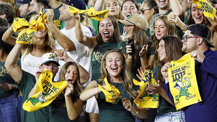 Sep 13, 2025; South Bend, Indiana, USA; against the Notre Dame Fighting Irish fans look on during the first half against the Texas A&M Aggies at Notre Dame Stadium. 