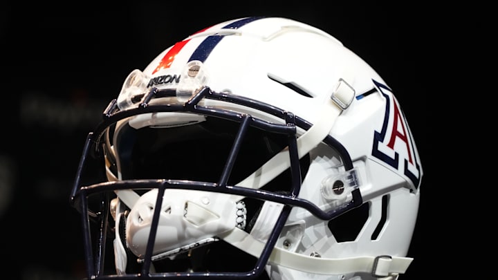 Jul 29, 2022; Los Angeles, CA, USA; An Arizona Wildcats helmet on display during Pac-12 Media Day at Novo Theater. Mandatory Credit: Kirby Lee-Imagn Images