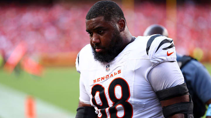 KANSAS CITY, MO - SEPTEMBER 15: Sheldon Rankins #98 of the Cincinnati Bengals walks to the tunnel at halftime during an NFL football game against the Kansas City Chiefs at GEHA Field at Arrowhead Stadium on September 15, 2024 in Kansas City, Missouri