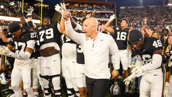 Vanderbilt's coach Clark Lea celebrates with the fans and team after beating Missouri 17-10 at FirstBank Stadium in Nashville, Tenn., Saturday, Oct. 25, 2025. Vanderbilt's coach Clark Lea celebrates with the fans and team after beating Missouri 17-10 at FirstBank Stadium in Nashville, Tenn., Saturday, Oct. 25, 2025.