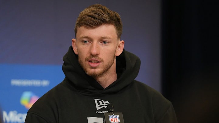 Dillon Thieneman meets with the media at the 2026 NFL Combine.