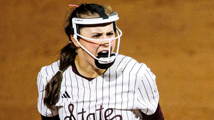 Mississippi State pitcher Peja Goold reacts after a strikeout during Sunday's game against No. 23 South Carolina.