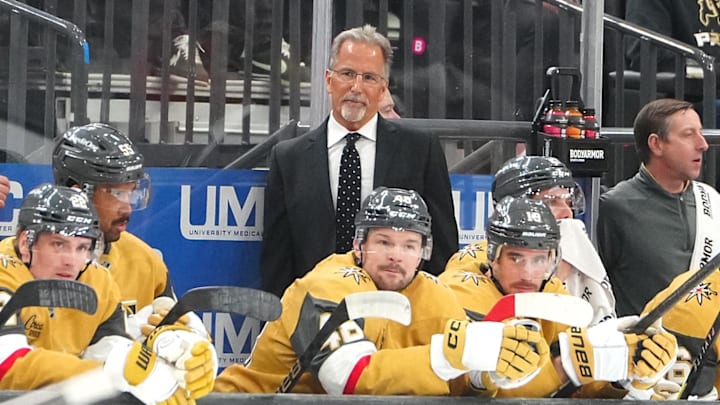 Mar 30, 2026; Las Vegas, Nevada, USA; Vegas Golden Knights head coach John Tortorella watches play between the Golden Knights and Vancouver Canucks during the first period at T-Mobile Arena. Mandatory Credit: Stephen R. Sylvanie-Imagn Images