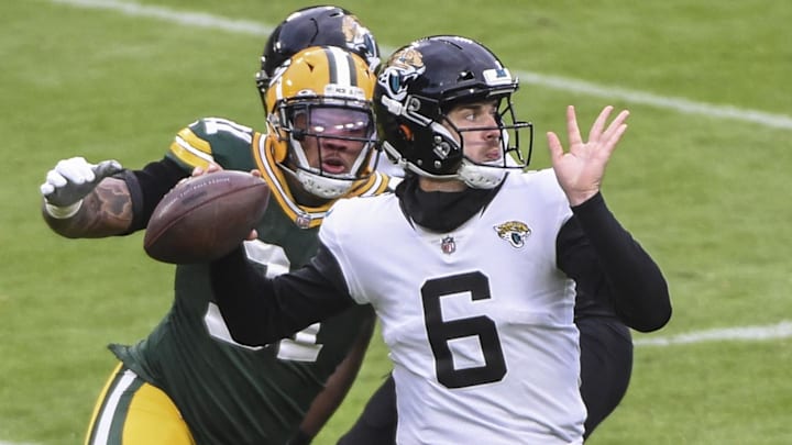 The Packers' Preston Smith applies pressure on Jaguars quarterback Jake Luton during their game at Lambeau Field in 2020.