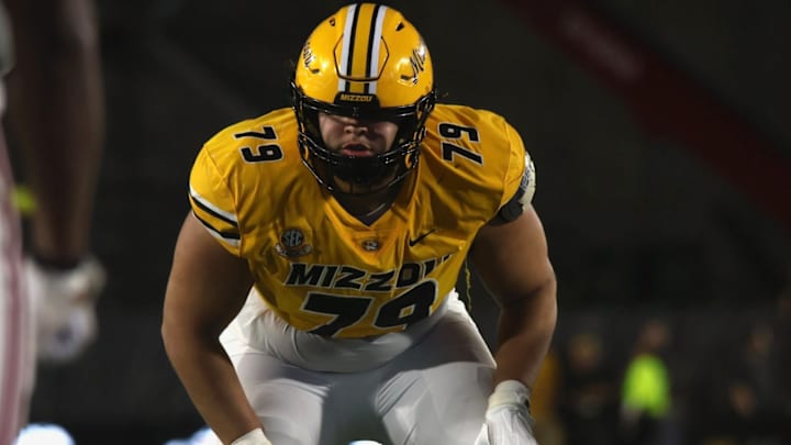 Sept 27, 2025; Columbia, Missouri, USA; Missouri Tigers offensive lineman Keagan Trost (79) lines up in a game against UMass at Faurot Field at Memorial Stadium.
