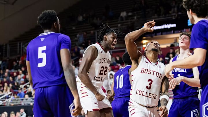 BC senior guard, Roger McFarlane (3), and redshirt freshman forward Jayden Hastings (22), during Sunday afternoons game against Stonehill at Conte Forum in Chestnut Hill, Mass. Mandatory Credit: Eddie Shabomardenly / Creative Graphic Designer BC -Athletics