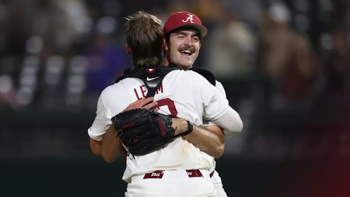 Alabama Baseball Player Tyler Fay (8) and Alabama Baseball Player John Lemm (33) celebrate against Florida at Sewell-Thomas Stadium in Tuscaloosa, AL on Friday, Mar 20, 2026.