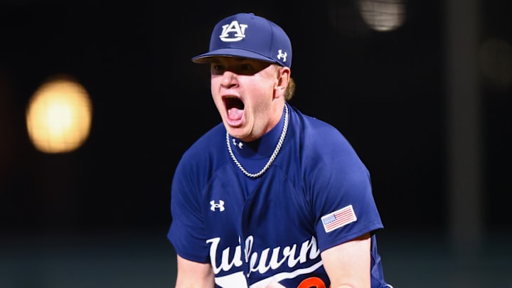 Carson Myers celebrates Auburn Tigers win over No. 13 Vanderbilt at Plainsman Park. 