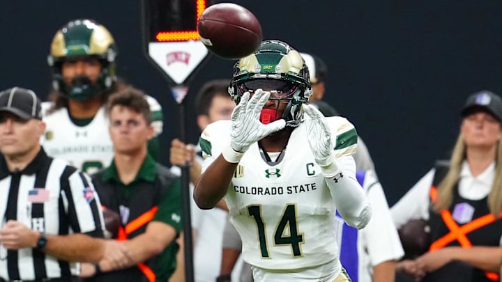 Oct 21, 2023; Paradise, Nevada, USA; Colorado State Rams wide receiver Tory Horton (14) looks to make a catch against the UNLV Rebels during the first quarter at Allegiant Stadium. Oct 21, 2023; Paradise, Nevada, USA; Colorado State Rams wide receiver Tory Horton (14) looks to make a catch against the UNLV Rebels during the first quarter at Allegiant Stadium.