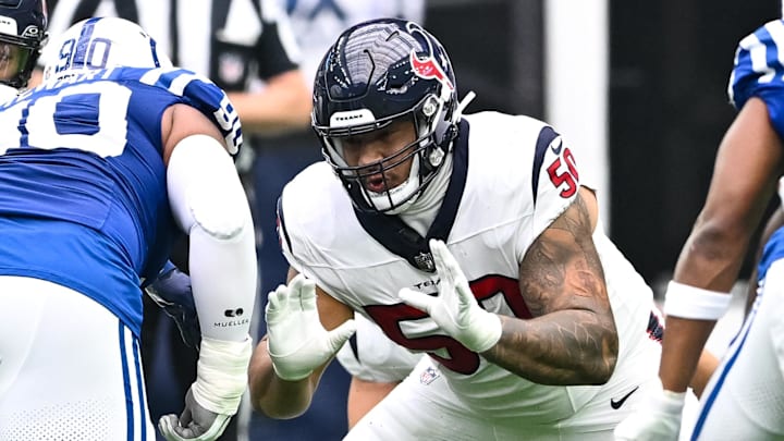 Sep 17, 2023; Houston, Texas, USA; Houston Texans guard Kendrick Green (50) in action during the first quarter against the Indianapolis Colts at NRG Stadium. Mandatory Credit: Maria Lysaker-Imagn Images