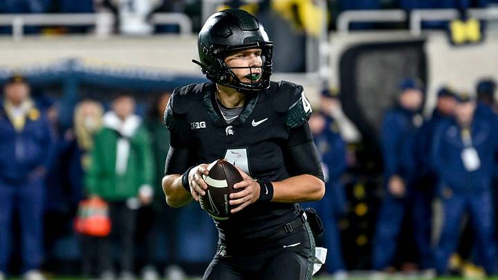 Michigan State's Sam Leavitt looks to throw against Michigan during the fourth quarter on Saturday, Oct. 21, 2023, at Spartan Stadium in East Lansing. Michigan State's Sam Leavitt looks to throw against Michigan during the fourth quarter on Saturday, Oct. 21, 2023, at Spartan Stadium in East Lansing.