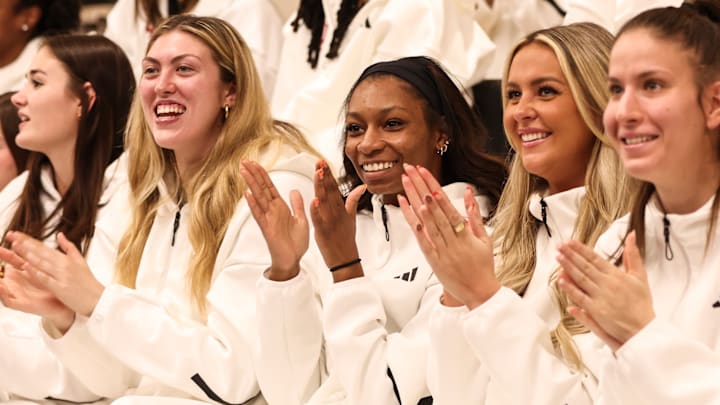 The Indiana women's basketball team celebrates an NCAA Tournament bid on Selection Sunday.
