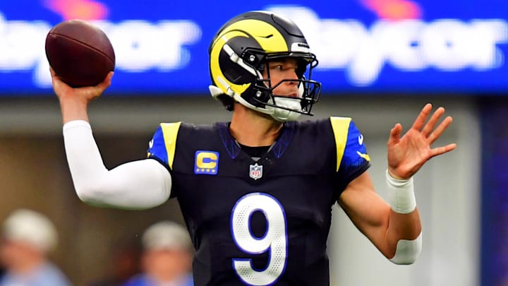 Nov 16, 2025; Inglewood, California, USA; Los Angeles Rams quarterback Matthew Stafford (9) throws a pass during the second half against the Seattle Seahawks at SoFi Stadium. Mandatory Credit: Gary A. Vasquez-Imagn Images