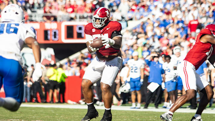 Alabama Offensive Lineman Kadyn Proctor catches the ball in the first half of the game against Eastern Illinois on November 22, 2025. Alabama Offensive Lineman Kadyn Proctor catches the ball in the first half of the game against Eastern Illinois on November 22, 2025.