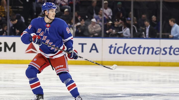 Apr 2, 2025; New York, New York, USA;  New York Rangers right wing Gabe Perreault (94) takes the ice against the Minnesota Wild for his NHL debut at Madison Square Garden. Mandatory Credit: Wendell Cruz-Imagn Images