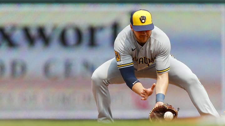 Jun 4, 2023; Cincinnati, Ohio, USA; Milwaukee Brewers third baseman Mike Brosseau (10) grounds the ball hit by Cincinnati Reds catcher Tyler Stephenson (not pictured) in the seventh inning at Great American Ball Park. Mandatory Credit: Katie Stratman-Imagn Images
