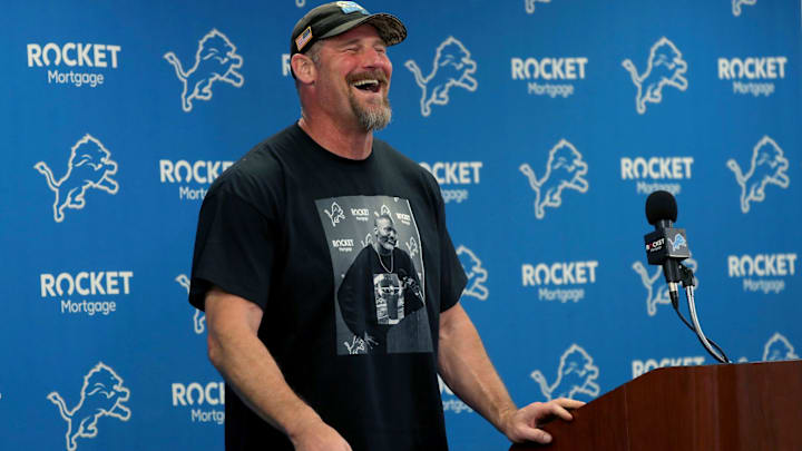 Detroit Lions head coach Dan Campbell talks with reporters.