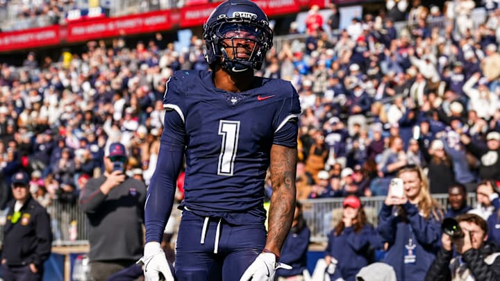 UConn Huskies wide receiver Skyler Bell reacts after his touchdown against the UAB Blazers.