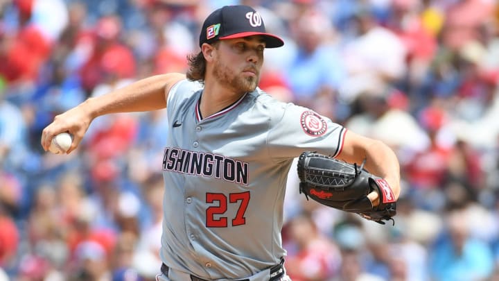 Aug 18, 2024; Philadelphia, Pennsylvania, USA; Washington Nationals pitcher Jake Irvin (27) throws a pitch during the first inning against the Philadelphia Phillies at Citizens Bank Park. Aug 18, 2024; Philadelphia, Pennsylvania, USA; Washington Nationals pitcher Jake Irvin (27) throws a pitch during the first inning against the Philadelphia Phillies at Citizens Bank Park.