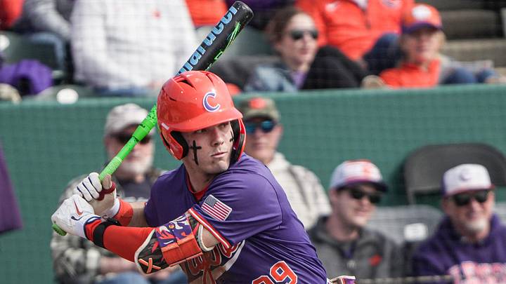 Clemson catcher Nate Savoie (99) bats against Army West Point during the bottom of the third inning at Doug Kingsmore Stadium in Clemson, S.C., Saturday, Feb 14, 2026. Clemson catcher Nate Savoie (99) bats against Army West Point during the bottom of the third inning at Doug Kingsmore Stadium in Clemson, S.C., Saturday, Feb 14, 2026.