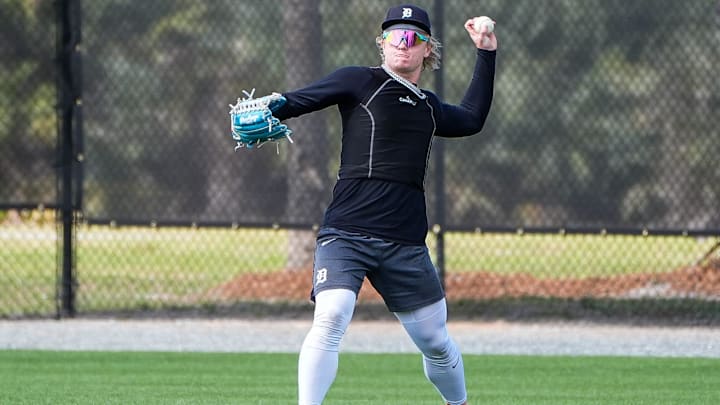 Detroit Tigers minor league outfielder Max Clark works out during spring training at TigerTown in Lakeland on Friday, Feb. 20, 2025.