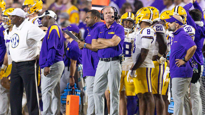 Oct 12, 2024; Baton Rouge, Louisiana, USA; LSU Tigers head coach Brian Kelly looks on during the second half against the Mississippi Rebels at Tiger Stadium. Mandatory Credit: Stephen Lew-Imagn Images Oct 12, 2024; Baton Rouge, Louisiana, USA; LSU Tigers head coach Brian Kelly looks on during the second half against the Mississippi Rebels at Tiger Stadium. Mandatory Credit: Stephen Lew-Imagn Images